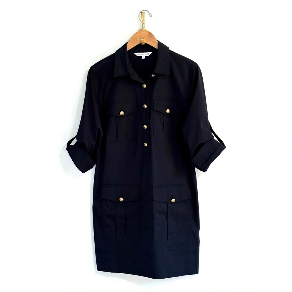 Veronica Beard Mini Long-Sleeve Navy Saude Cargo Shirt Dress
